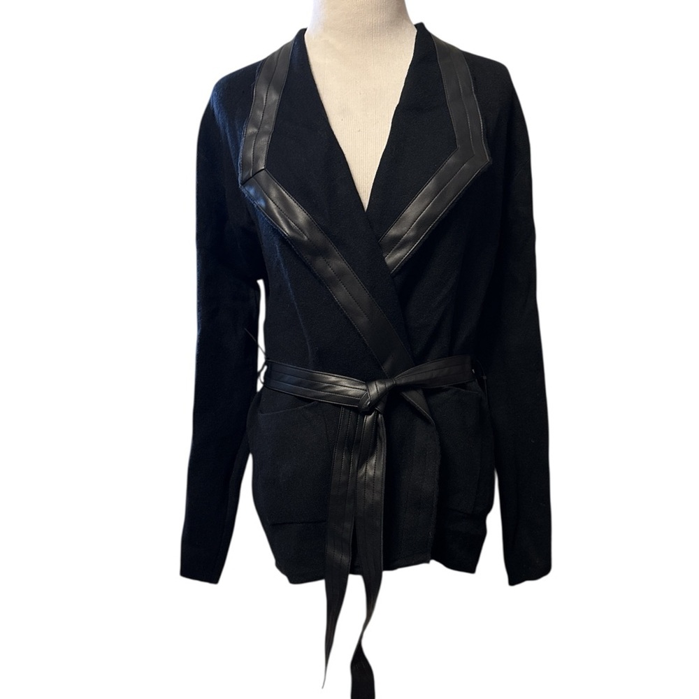 Sioni Black Sweater Blazer with Faux Leather Trim, new